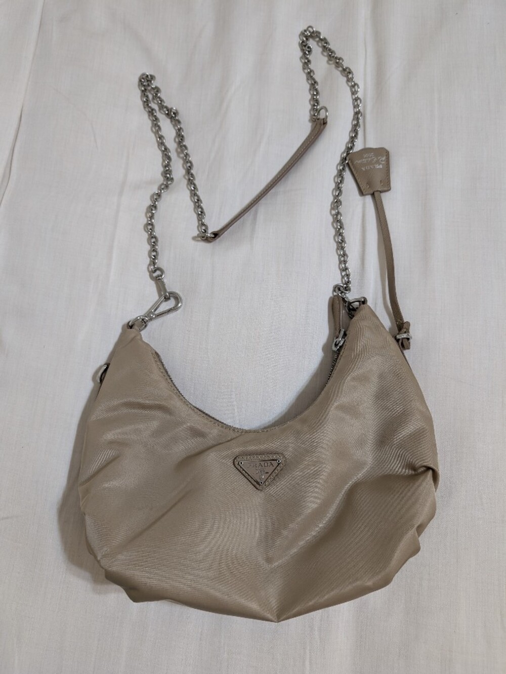 Prada Taupe Nylon Shoulder Bag with Silver Chain Strap